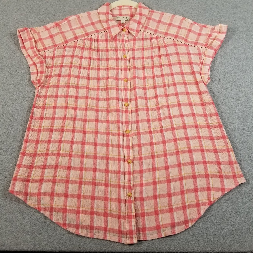 Wonderly Button Up Shirt Women L Large Pink White Plaid Gauze Short Sleeve Prep